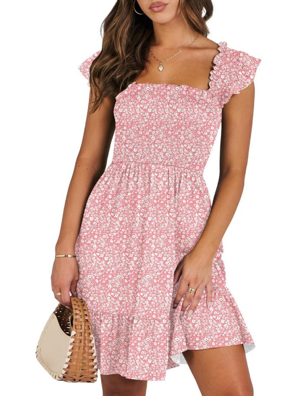 Women's Summer Sleeveless Square Neck Dress Floral Pink Smocked Ruffle Backless